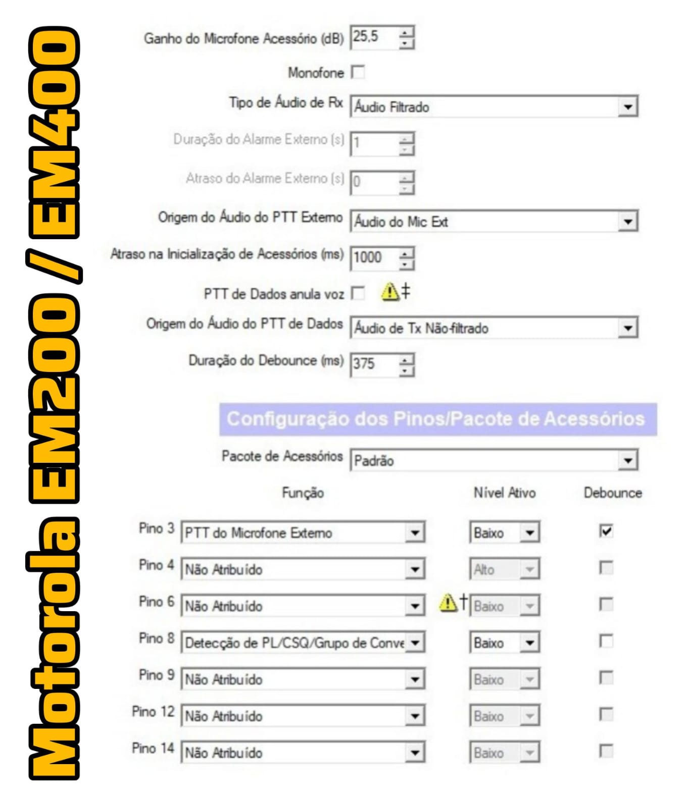 MOTOROLA EM200 EM400 PINOUT ACC 16PIN REPEATER PTT CSQ PL DETECT ROIP REMOTE ZELLO APP